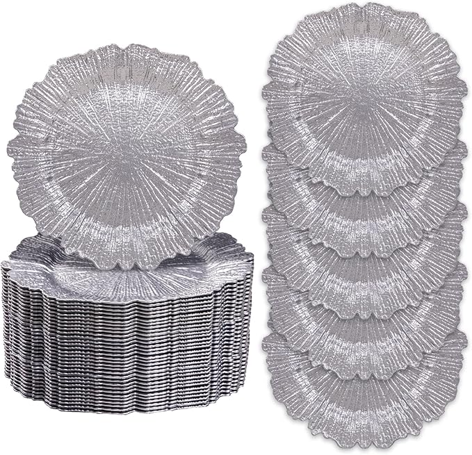 MAONAME 13" Silver Charger Plates Set of 50, Reef Plate Chargers Bulk, Round Charger for Dinner Plates, Plastic Table Chargers for Wedding Decor