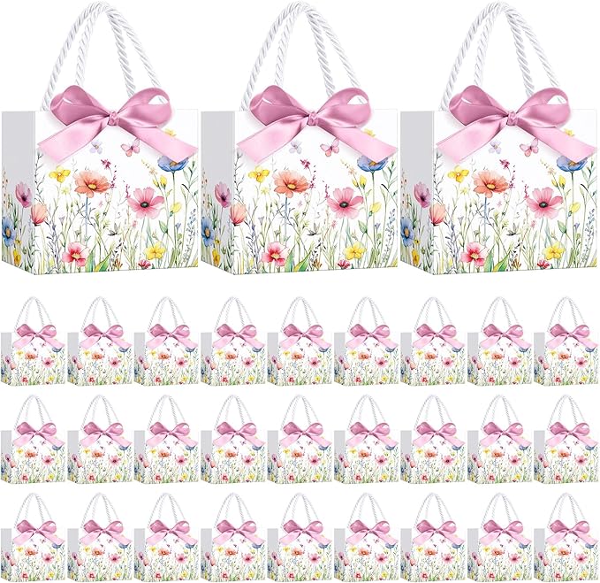 Moinchore 30 Pcs Wildflower Paper Gift Bags Bulk 5.5 x 4.7 x 2.5 in Mini Floral Favor Bags with Handles Bow Ribbon Wrap for Spring Summer Birthday Wedding Home Bridal Shower Garden Supplies