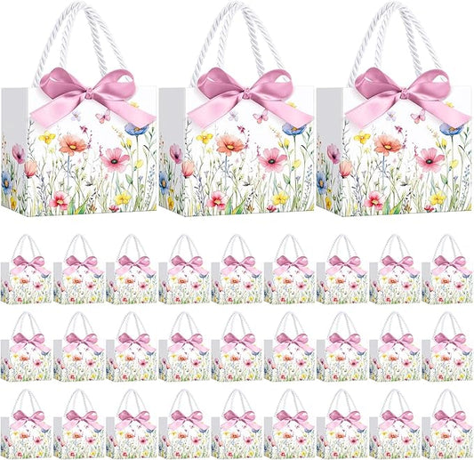 Moinchore 30 Pcs Wildflower Paper Gift Bags Bulk 5.5 x 4.7 x 2.5 in Mini Floral Favor Bags with Handles Bow Ribbon Wrap for Spring Summer Birthday Wedding Home Bridal Shower Garden Supplies