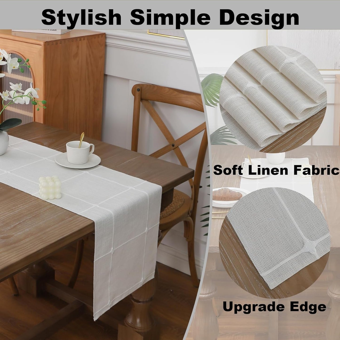 Gernaice Boho Table Runner, Modern Plaid Cotton Linen Farmhouse Table Runners for Holiday Wedding Dining Living Room Bedroom Home Decor, 90" L X 13" W White