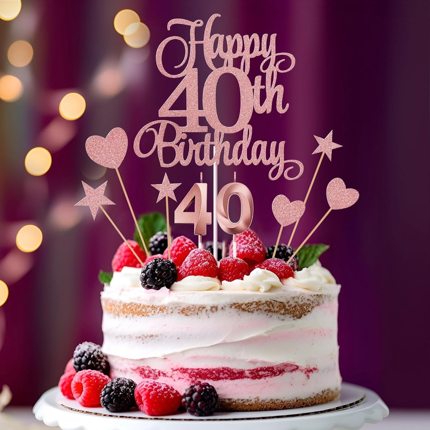 40th Birthday Cake Decorations, 40th Birthday Candles Cake Numeral Candles and Glitter Happy 40th Birthday Cake Toppers Set for Birthday Party Supplies (Rose Gold)