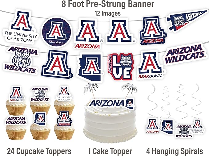 University of Arizona Party Supplies for Football, Birthday Gift, UA Graduation Party Banner and Cake Toppers (42 Pieces) (Arizona Wildcats)