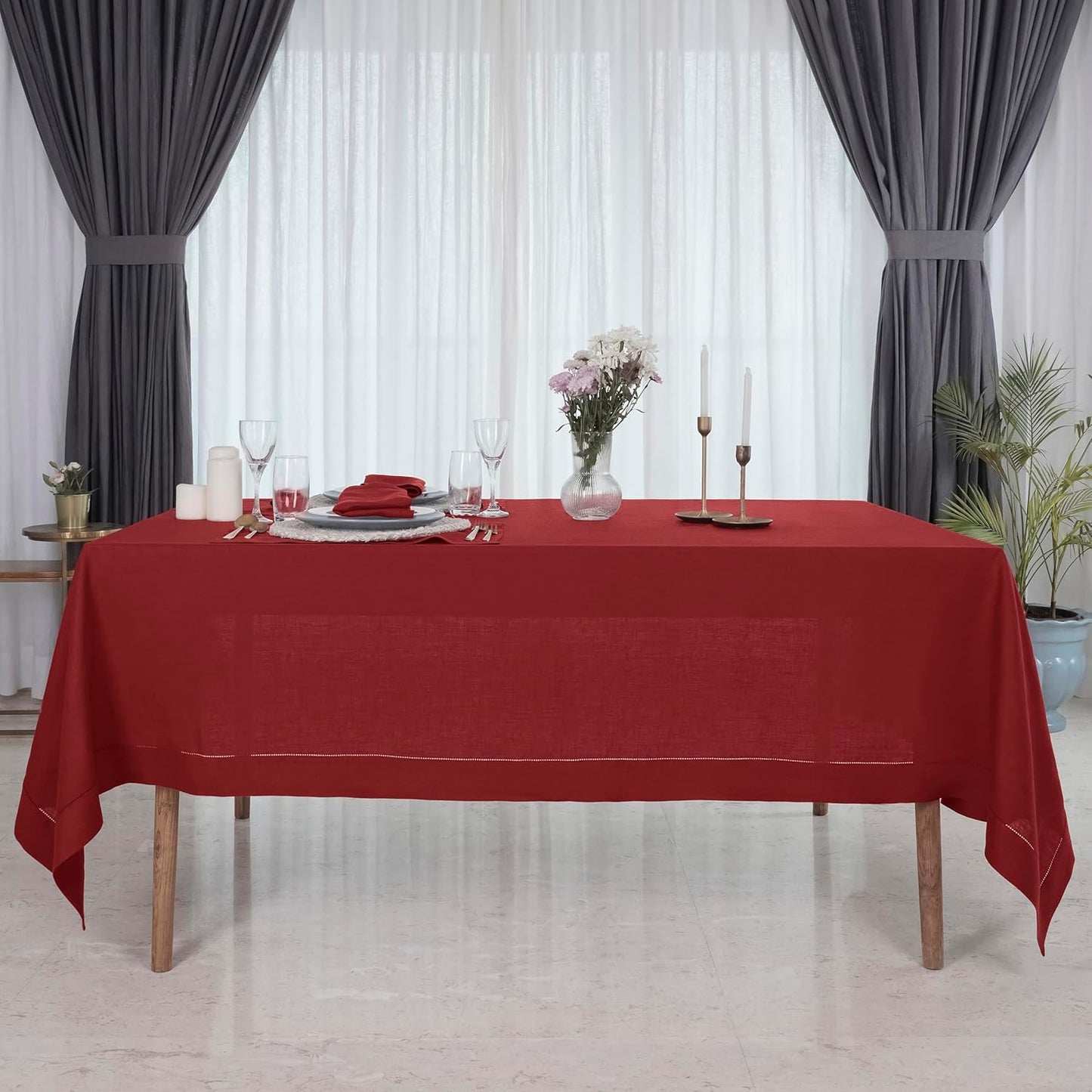 D'Moksha Homes Red Linen Tablecloth 60 x 120 Inch - 100% Pure Linen Hemstitch Tablecloth for Rectangle Tables - Classic Hemstitch, Machine Washable Table Cloth for Fall, Autumn and Halloween