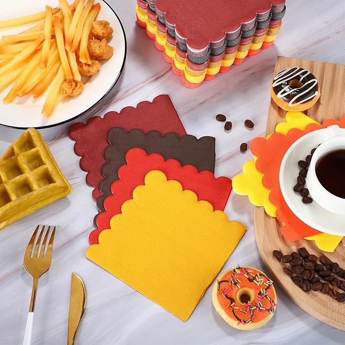 durony 150 Pack Scalloped Napkins 5 x 5 Inch Disposable Paper Napkins Gradient Color Napkins with Scalloped Edges for Dinner Wedding Birthday Party Supplies, Autumn Color