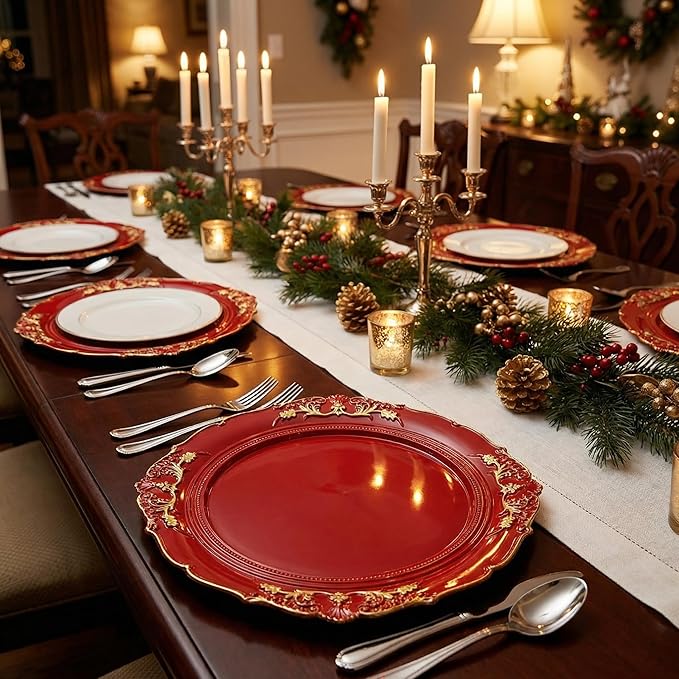 Red Charger Plates, 13 Inch Embossed Chargers for Dinner Plates. Plastic Charger for Wedding, Party. (Set of 6)