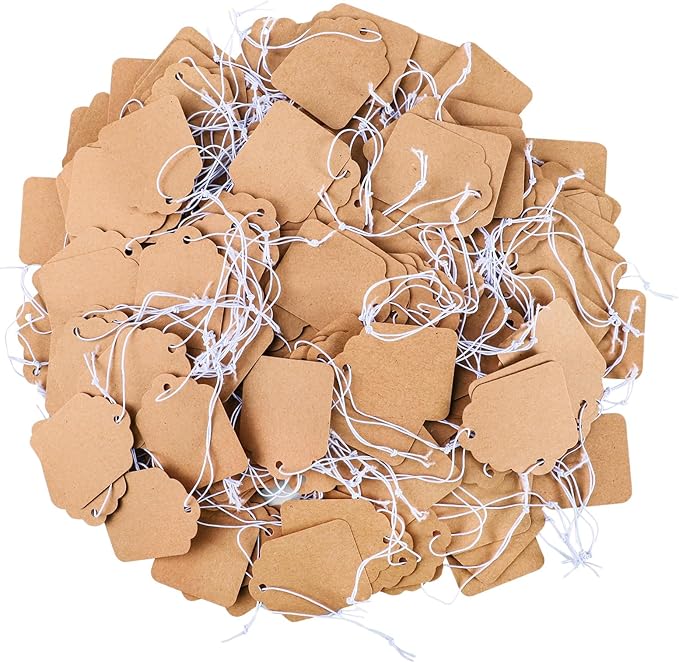 200 Pcs Small Price Tags, Paper Tags with Elastic String, Writable Blank Kraft Gift Tag for Clothes Jewelry Valentine's Day Gifts (1.38×1.8Inch, Brown)