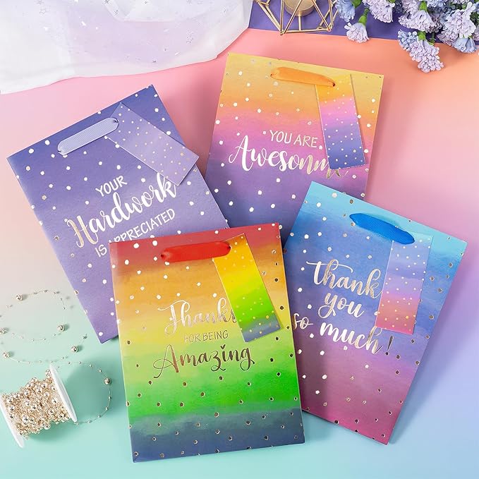 Loveinside Medium Size Gift Bags, Employee Appreciation Thanks Pattern Gift Bag with Tissue Paper for Shopping, Parties, Wedding, Baby Shower, Craft-4 Pack, 7" X 4" X 9"
