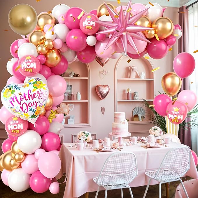 Mother's Day Balloon Arch, Hot Pink metallic Gold Balloon Garland Kit with Large Mon Printed Foil Balloons, Pink Mother Star Foil Balloons for Mom's Day Party Decorations