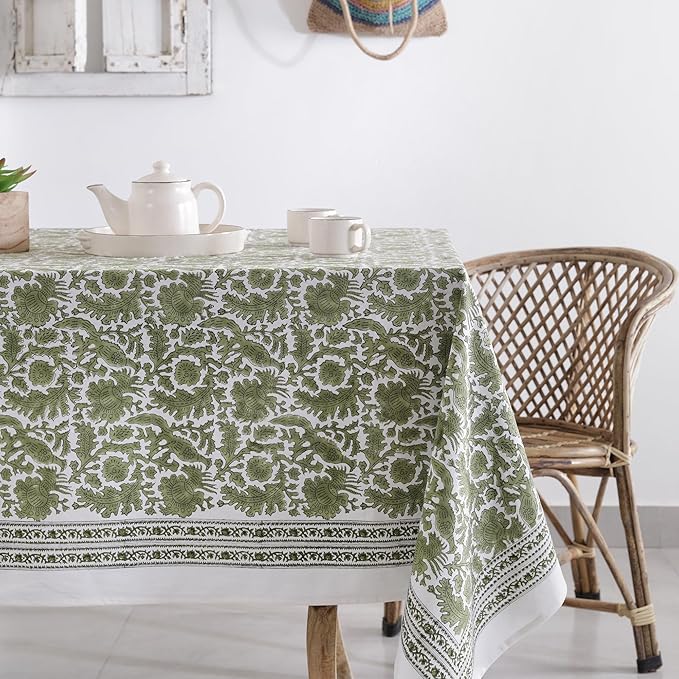 Labhanshi Indian Handblock Print Floral Cotton Table Cloth|Rectangle 60x90 Inch 6-Seater Kitchen Dining Table Cloth| Wedding Festive Holiday Picnic Party Decorative Table Cover|Moss Green Bird