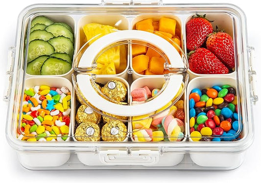 Snackle Box Container,Divided Clear Snack Box Serving Tray with Lid and Handle,8 Compartments Snack Tray,Portable Travel Snack Container,Perfect for Party, Travel, & Picniccnic（1 Pack）