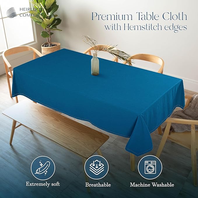 Turquoise Blue Tablecloth, Table Cover 60x84 Inch, 100% Cotton, Fits 6-8 Seats, Durable, Washable, Wrinkle Resistant, Rectangle Table Cloth for Dining, Party, Events, Outdoor Use