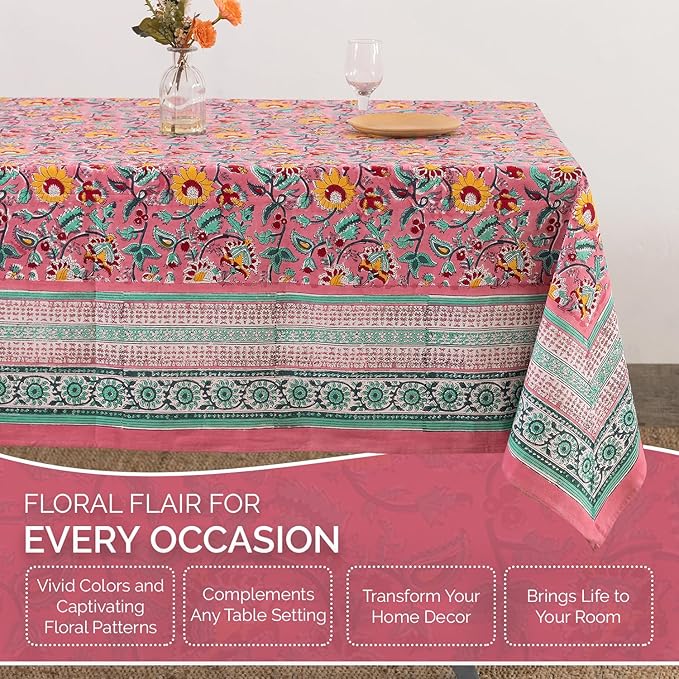 Labhanshi Indian Hand Block Print Table Cloth|French Floral 10 Seater 72x135 Inches Rectangle Cotton Table Cover|Spring Easter Patio Dining Tablecloth|Garden Tea Party Table Decor|Pink Sparkles