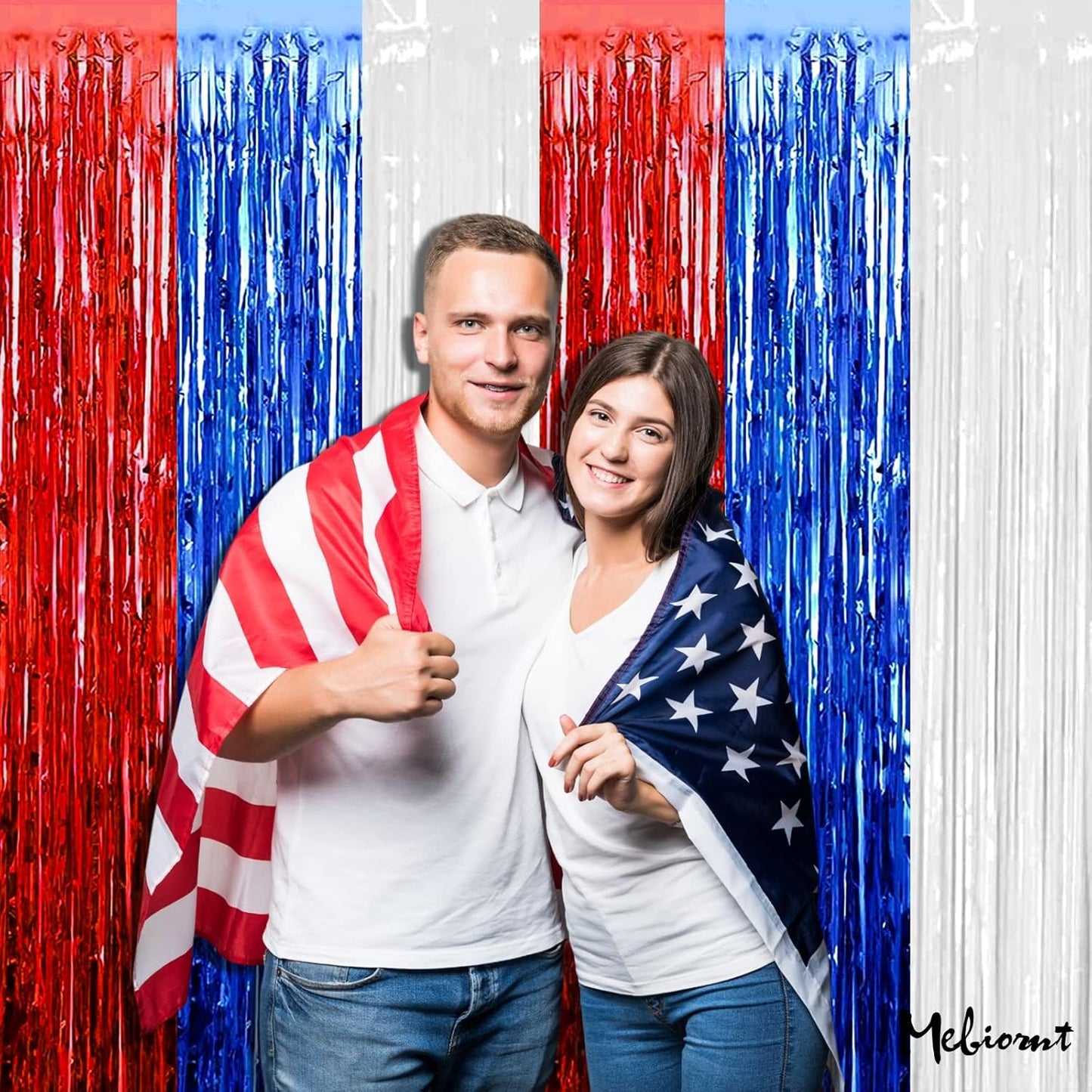 4 Pack 3.2Ft x 9.8Ft Independence Day Fringe Curtain Backdrop, Red Blue White Metallic Tinsel Foil Fringe Streamers Curtains Background for Photo Booth Birthday Wedding Carnival Party Decorations