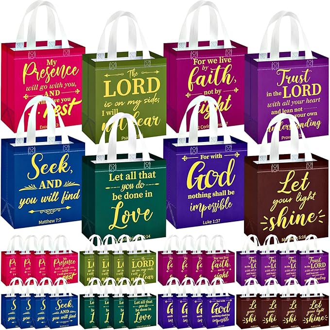 HunnmingRe 32 Pcs Christian Gift Bags Bulk, Easter Reusable Religious Bible Verse Tote with Handles Non Woven Scripture Pastor Blessing Gift for Baptism Church Wedding Favors
