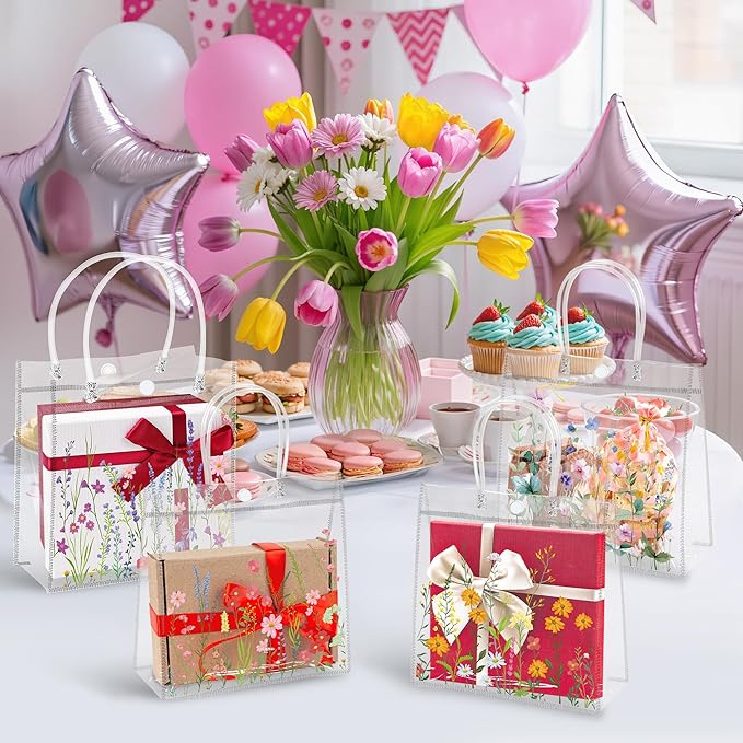H1vojoxo Spring Wildflower Gift Bags - 24PCS Spring Wildflower Clear PVC Gift Bags with Handle Bulk Reusable Goodie Snack Treat Plastic Gift Wrap Tote Bag for Floral Themed Baby Shower Party Favors
