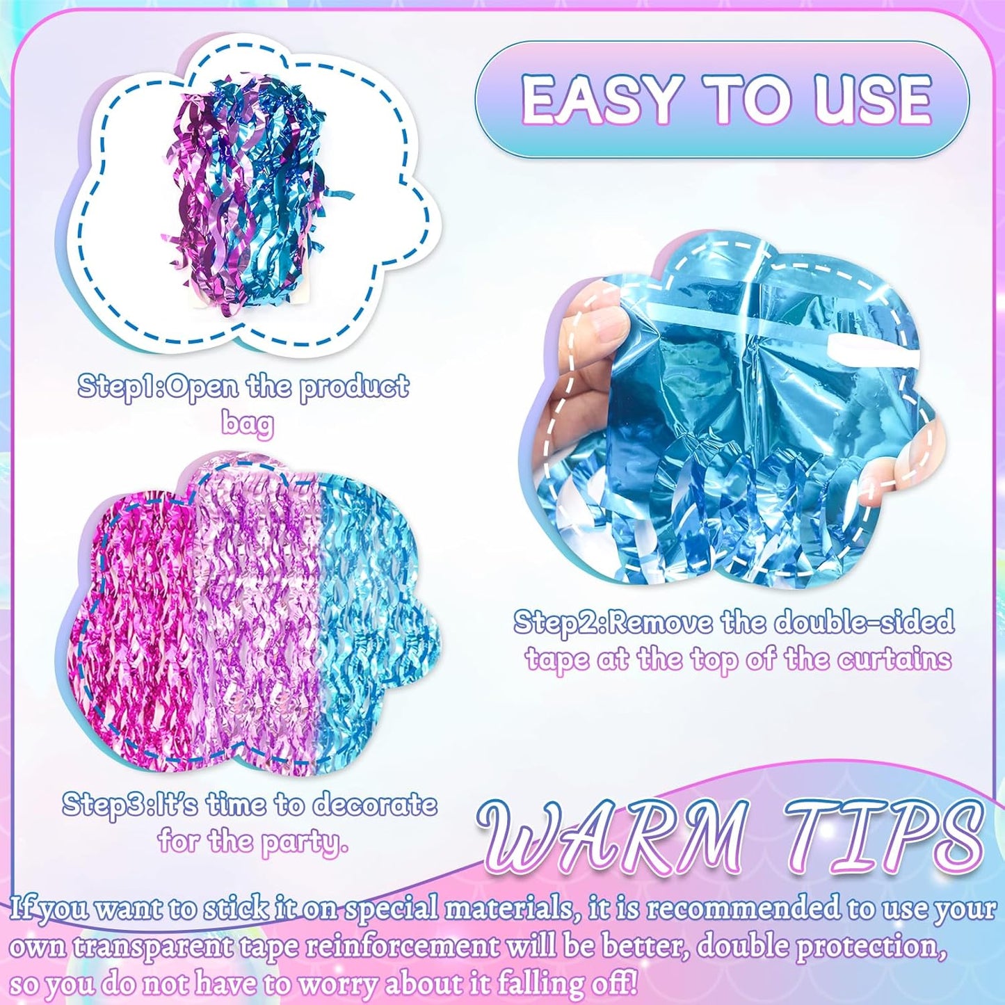 ADLKGG 3 Pack Wavy Foil Fringe Curtain, Pink Purple Blue Streamers Water Beach Backdrop for Mermaid Theme Birthday Decorations Under The Sea Party Decorations, Summer Holiday Party, 3.3x6.6 Feet