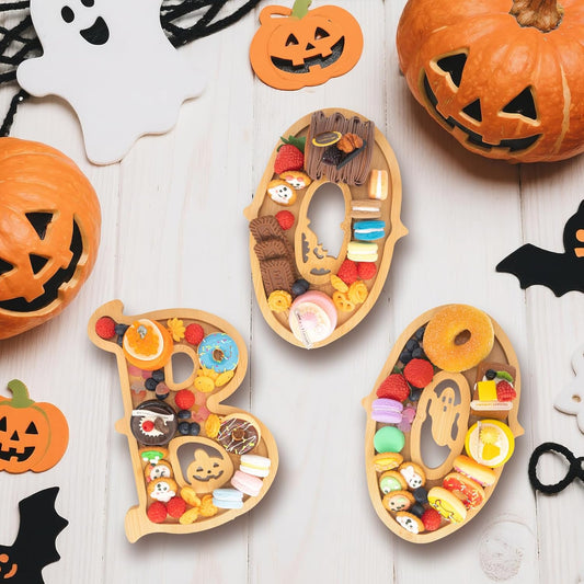 3PCS Wooden Halloween Decorations Letters Charcuterie Board Box-(with 14 Balloons) BOO Charcuterie Letters Fillable Food Halloween Party Supplies Halloween Party Table Decoration Food Tray Platter