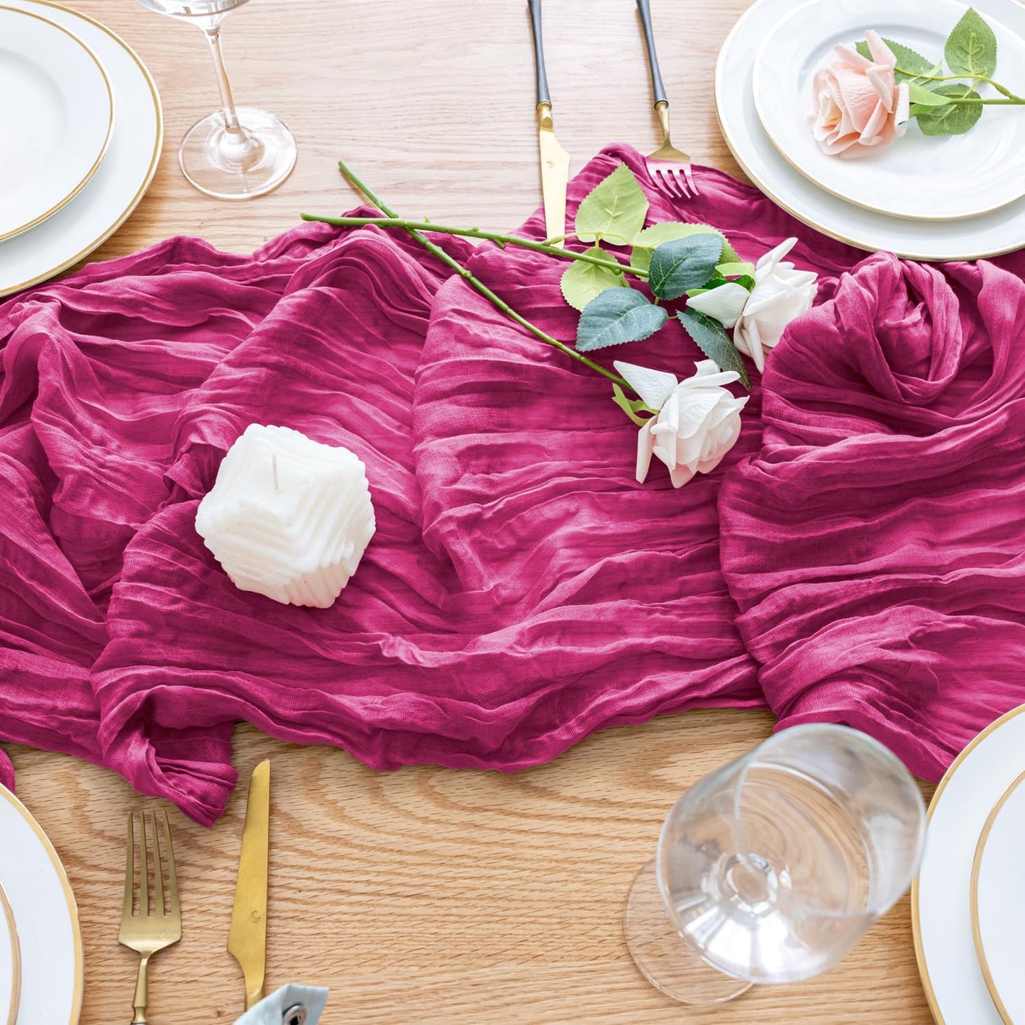 Wokceer Cheesecloth Table Runner 3Pack 10FT Fuchsia Boho Gauze Cheese Cloth Table Runner for Party Long Rustic Sheer Table Runners for Baby Bridal Shower Wedding Easter Table Decor