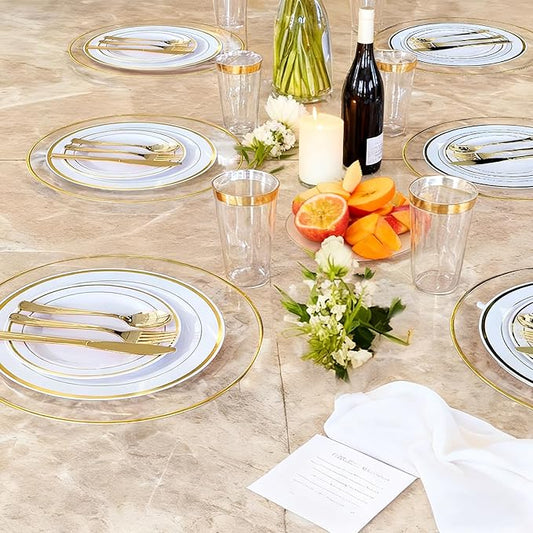 13 Inch Charger Plates, 8 Pack, Clear Charger Plates with Gold Rim, Heavy Duty Disposable Plastic Chargers for Dinner, Elegant Dining, Wedding, Party, Formal Event Decoration (8, Gold)