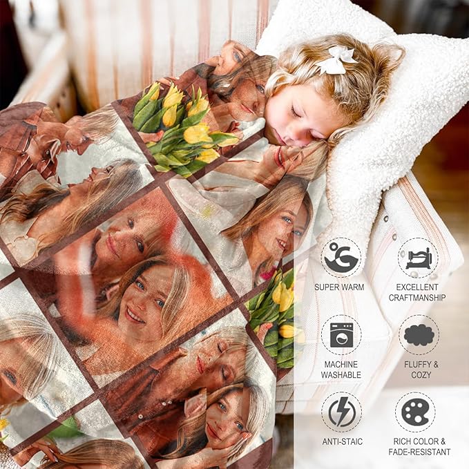 Mothers Day Blanket Gifts for Mom,Custom Blanket with Picture Text Personalized Photo Throw Blanket Customized New Moms Gift from Daughter Son Husband, Birthday Gift for Wife Grandma Grandmother Women
