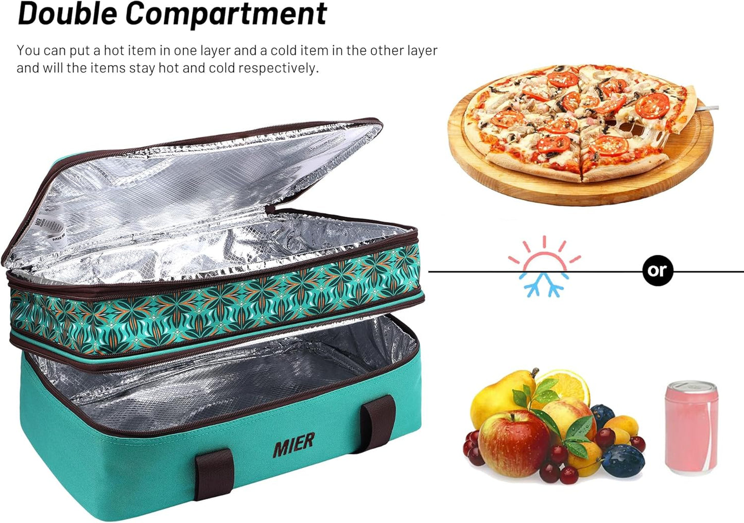 MIER Insulated Double Casserole Carrier Bag Thermal Lunch Tote for Lasagna Lugger, Potluck Parties, Picnic, Beach, Fits 9 x 13 Inches Baking Dish, Casserole Dish, Expandable by Mid Zipper, Teal
