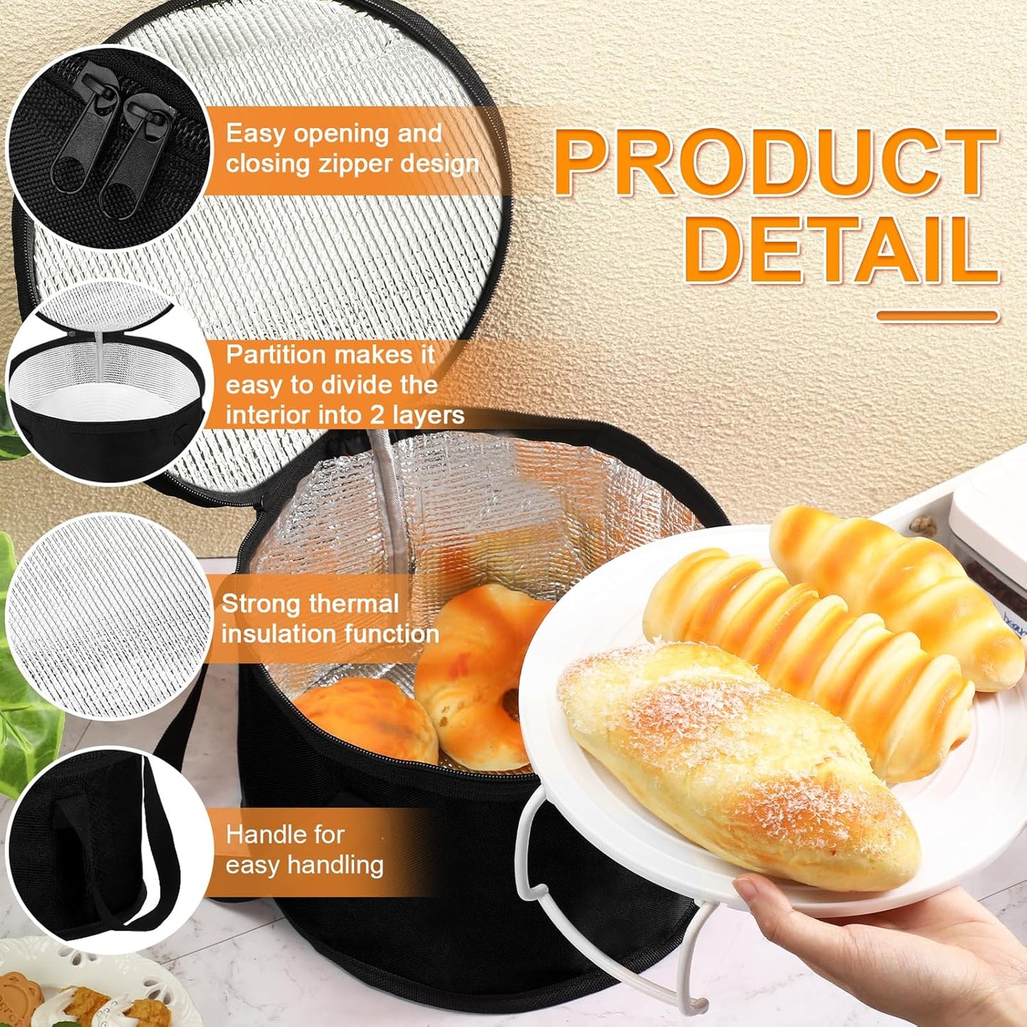 Yaomiao 2 Set Round Pie Carrier 11 x 7 Inch with Dish Tray Plate Stacker Insulated Casserole Carrier with Lid and Handle Reusable Cooler Thermal Bag for Cold Food for Potluck Picnic (Black)