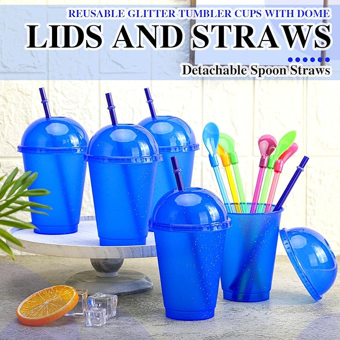 6 Set Slushie Cups with Dome Lids and Straws Detachable Spoon Straws Reusable Plastic Iced Coffee Cups Smoothie Tumbler for Birthdays Summer Party Supplies(Blue,16 oz)