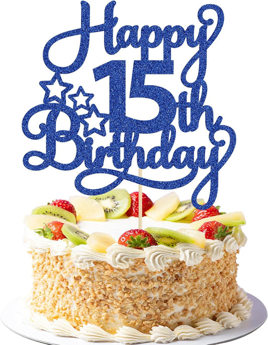 1 Pack Happy 15th Birthday Cake Topper Blue Glitter Mis Quince 15 Cheers to 15 Years Old Birthday Cake Pick for Celebrating 15th Birthday Anniversary Party Cake Decorations Supplies