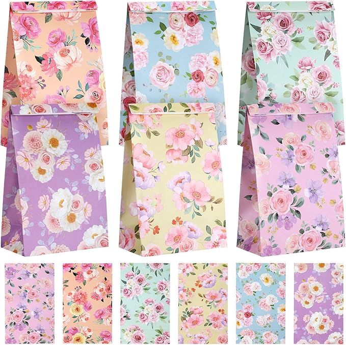 Panelee 24 Pcs Floral Gift Bags Pastel Small Tea Party Favors Flowers Paper Lunch Bag Bulk 8.7x4.7x3 in Goodie Candy Treat Pouches for Wedding Bridal Shower Birthday Mother's Day Decoration
