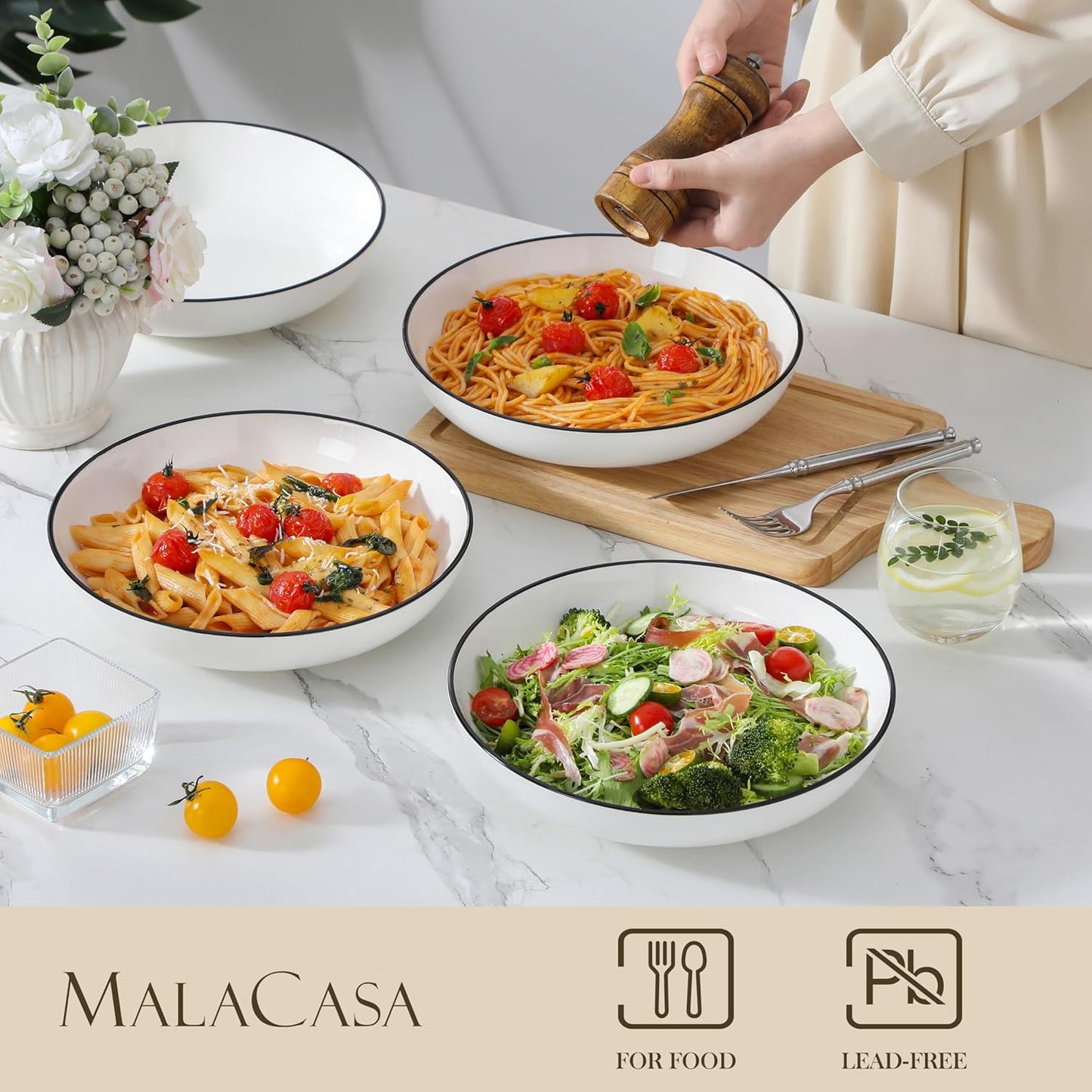 MALACASA 10" Large Pasta Bowls, 56 OZ White Salad Bowls Soup Bowls, Porcelain Serving Bowls Set of 4, Ivory White & Black Rim, Microwave & Dishwasher Safe, Series REGULAR