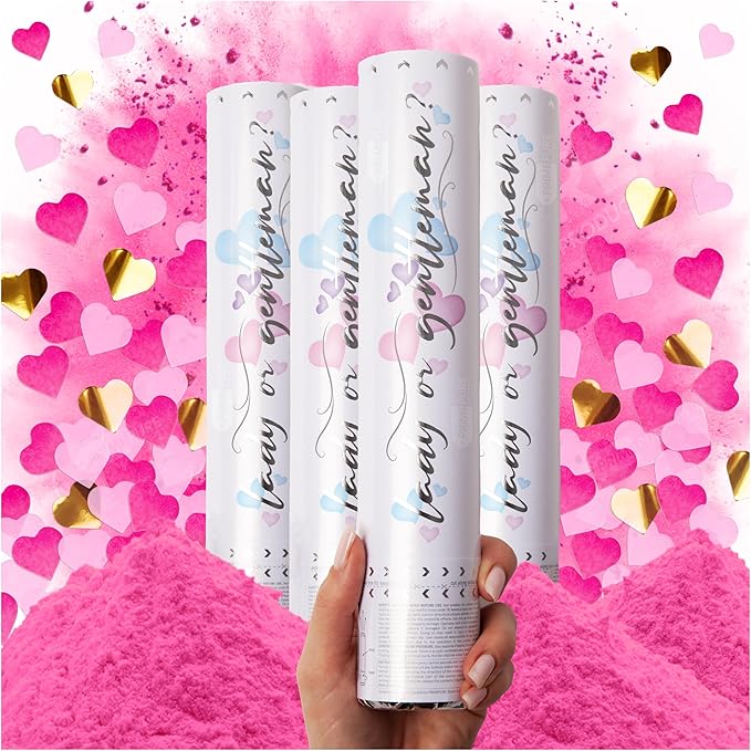 PrimePure Gender Reveal Confetti Cannon - Biodegradable Powder & Heart Shaped Confetti Poppers - Pink, 4 Pack - Baby Girl Gender Reveal Smoke Bombs - Powder Cannon Party Poppers Pink Party Supplies