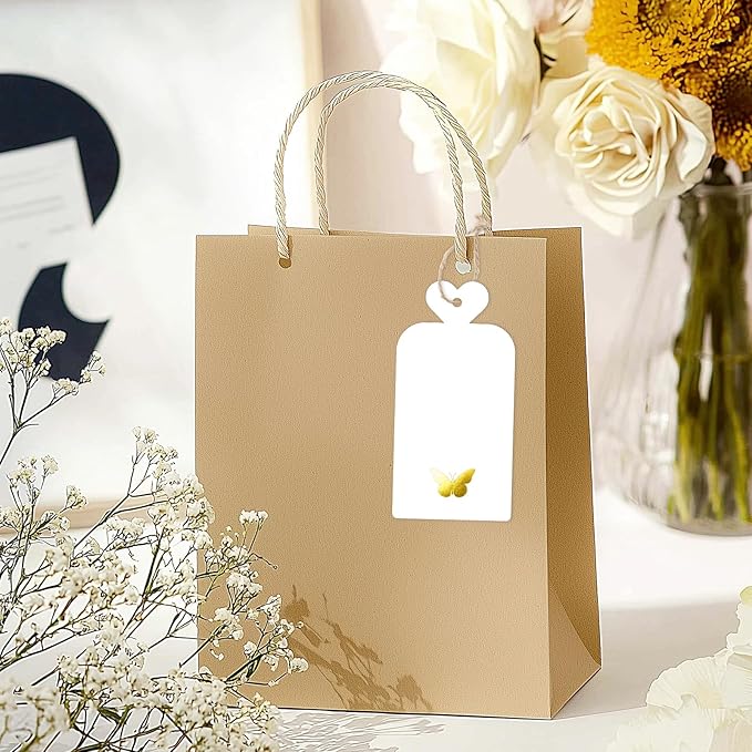 joycraft 100Pcs Gift Tags with String, 4x2 in Blank Tags with Gold Foil Butterfly, White Paper Labels for Birthday, Wedding, Baby Shower, Valentine’ s Day, Christmas