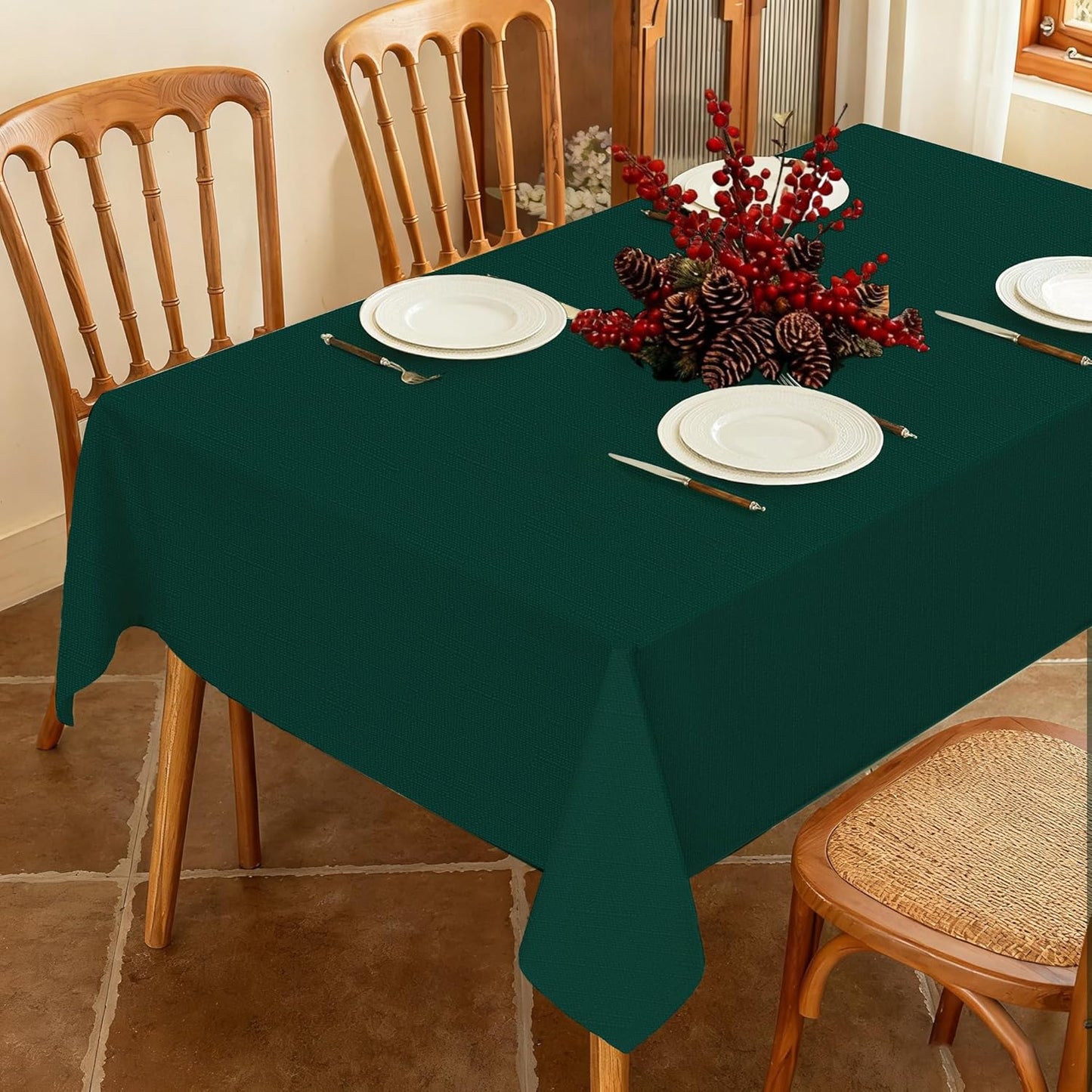 Fabric Green Christmas Rectangle Tablecloth, Faux Linen Textured Rectangular Table Cloth, Water Resistant & Washable for Dinig Party Holiday Decoration, 60 x 102 Inch