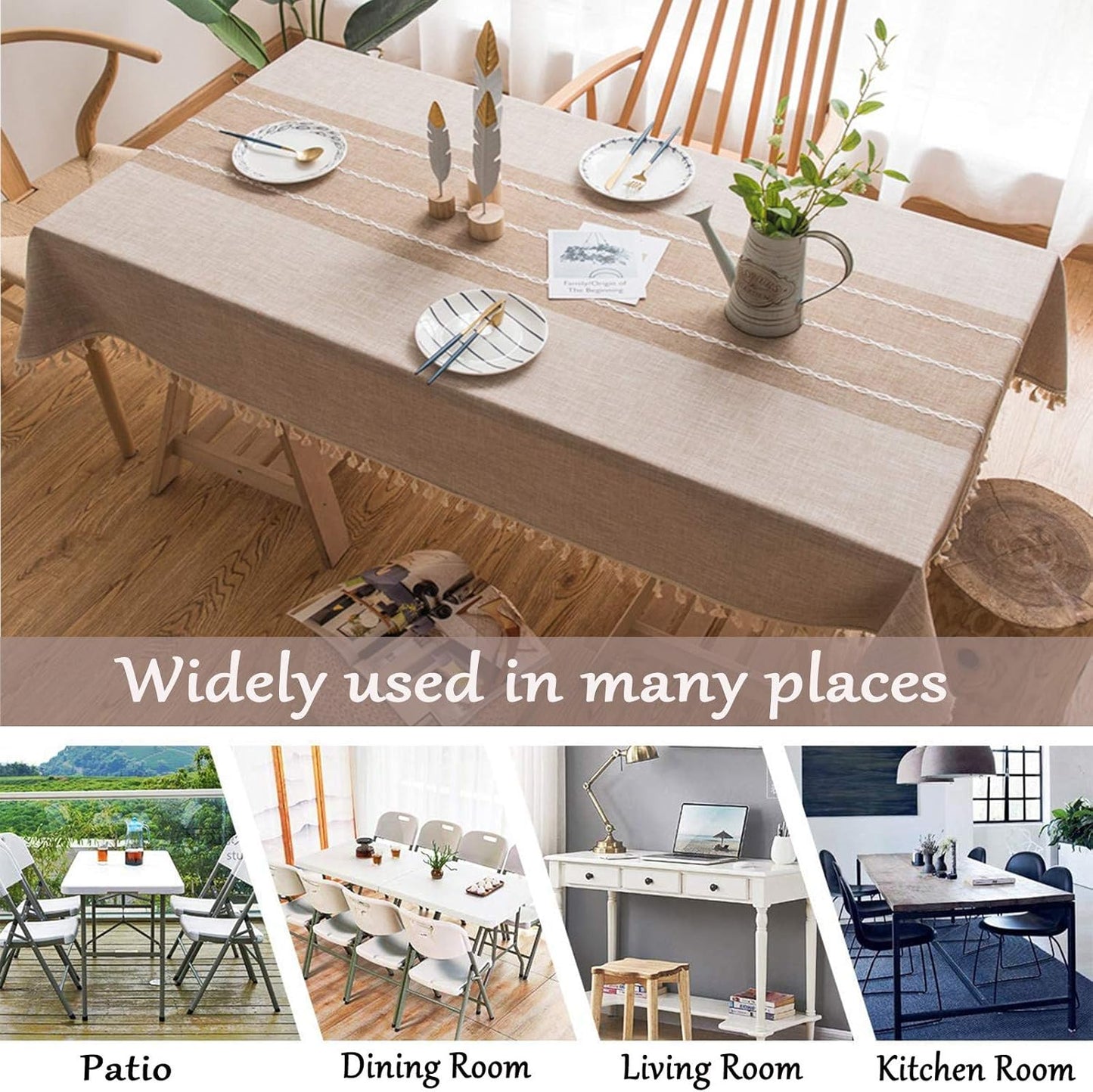 Cotton Linen Tablecloth, Tassel Stitching Table Cloth, Wrinkle Free Farmhouse Table Cover for Kitchen Dining, Party, Holiday (Rectangle, 55''x70'', 4-6 Seats, Beige)