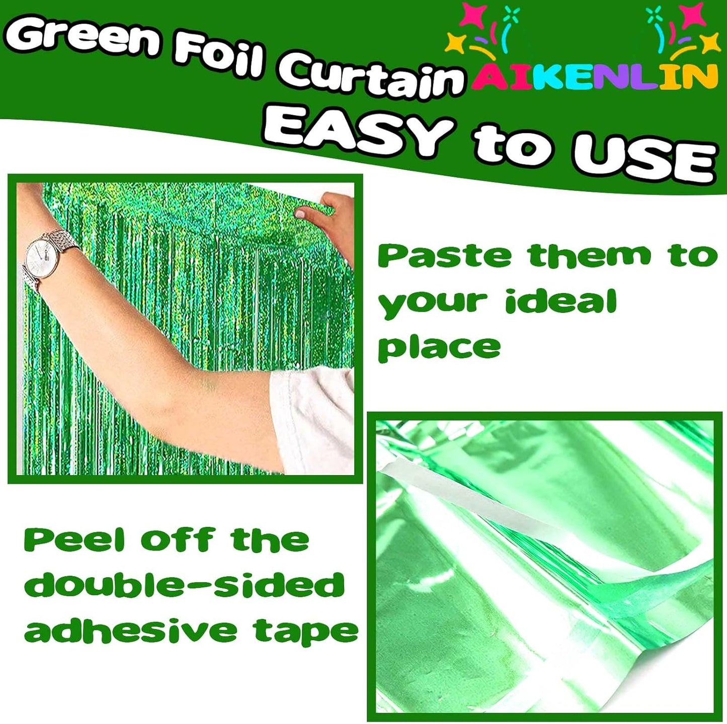 4 Pack 3.3Ft x 6.6Ft Green Foil Fringe Curtain Backdrop, Metallic Tinsel Foil Fringe Streamers Curtains Background for Photo Booth, Birthday, Wedding, Halloween, Christmas Party Decoration