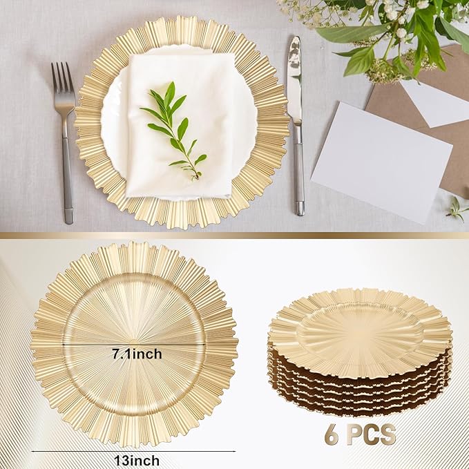 6 Pcs Gold Charger Plates,13 Inch Elegant Fluted Edge Plastic Charger Plates Reusable Table Chargers for Dinner Birthday Wedding Party Bridal Showers Tableware Dishes Luxury Decor