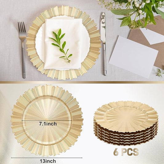 6 Pcs Gold Charger Plates,13 Inch Elegant Fluted Edge Plastic Charger Plates Reusable Table Chargers for Dinner Birthday Wedding Party Bridal Showers Tableware Dishes Luxury Decor