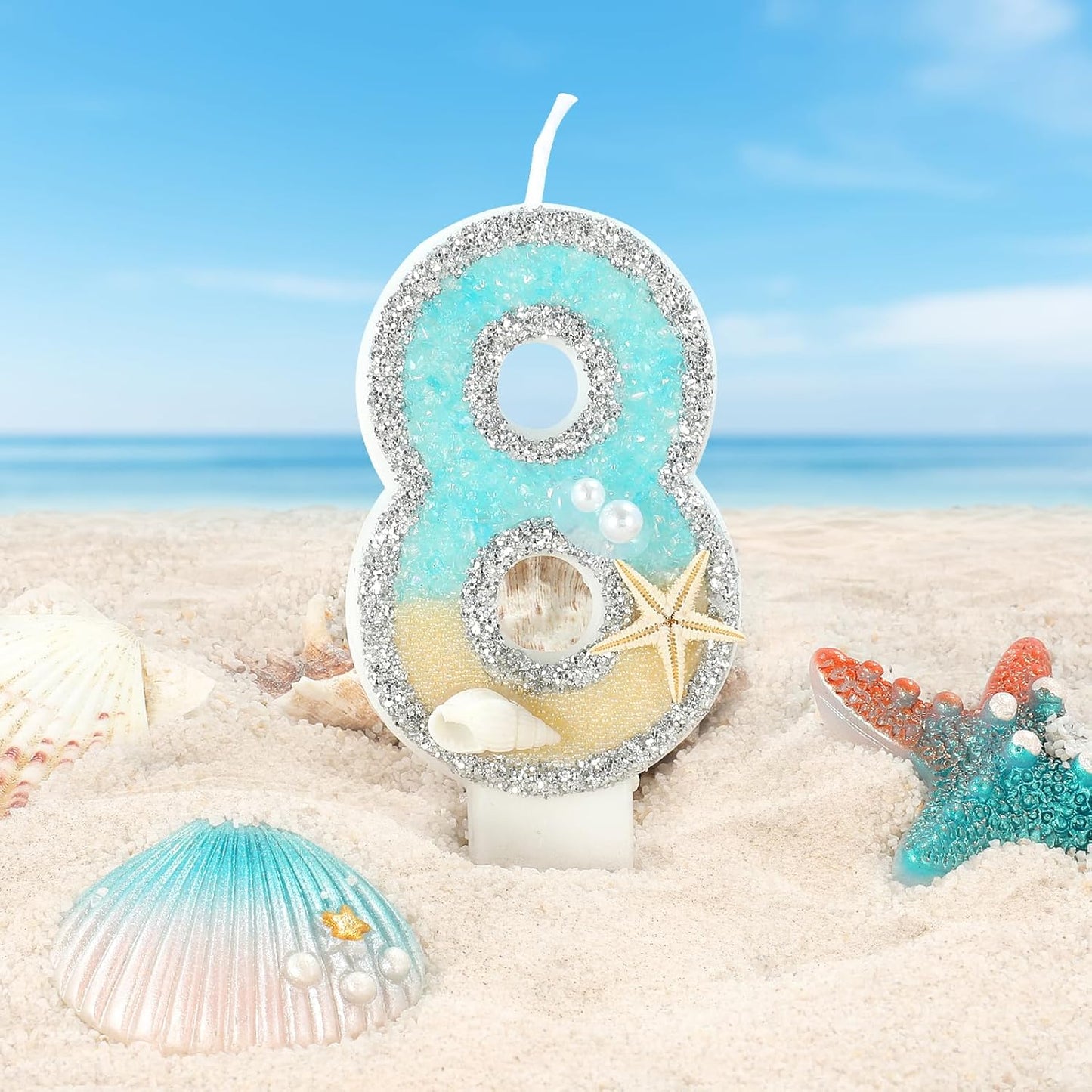 Beach Birthday Candle Starfish Number 8 Candles 8th Cake Candle Blue Birthday Cake Topper Cupcake Decorations Party Decor Anniversary Celebrations Supplies Favors