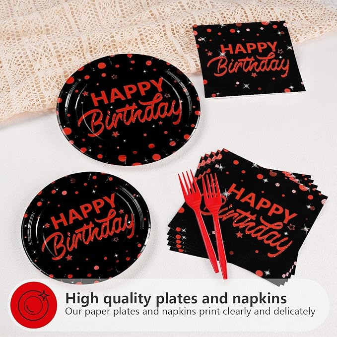 Grencian 96Pcs Red and Black Birthday Party Decorations Red Polka Dots on Black Paper Plates and Napkins Disposable Dessert Tableware for Men Women Stranger Birthday Party Decorations Serves 24