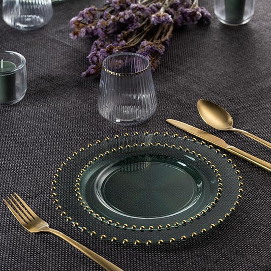 PLASTICPRO 128 Piece Combo Plastic Dinner Plates Disposable Plastic Fancy Heavy Duty Party Dishes 7 inch and 10 inch, Translucent Green and Gold Beaded