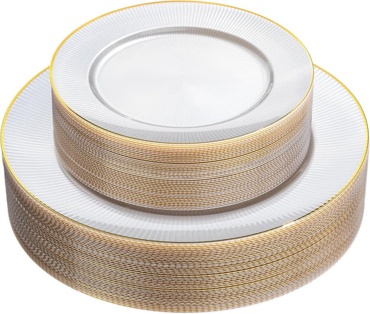 Hioasis 60pcs White and Gold Plastic Plates - White Disposable Dinnerware Set, 30pcs Dinner 10.25in & 30pcs Dessert 7.5in Plates with Striped Designs for Party & Thanksgiving