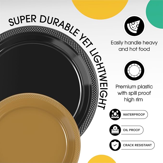 Party Solids Black and Gold Plastic Plates For Party Supplies, Black and Gold Disposable Plates 100 Pcs - 50-7" & 50-9" Heavy Duty 350 GSM Disposable Dinnerware Sets, Plastic Dinnerware Sets