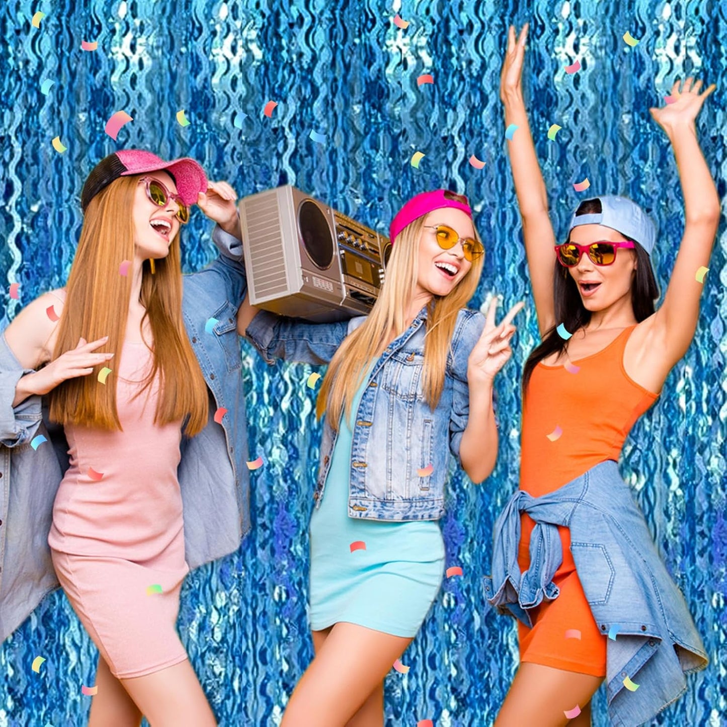 4 Pack Lake Blue Fringe Curtain Backdrop 3.2Ft x 8.2Ft Metallic Tinsel Foil Fringe Streamers Background for Photo Booth Mother's Day, Easter, Carnival, Birthday, Wedding Party Decoration