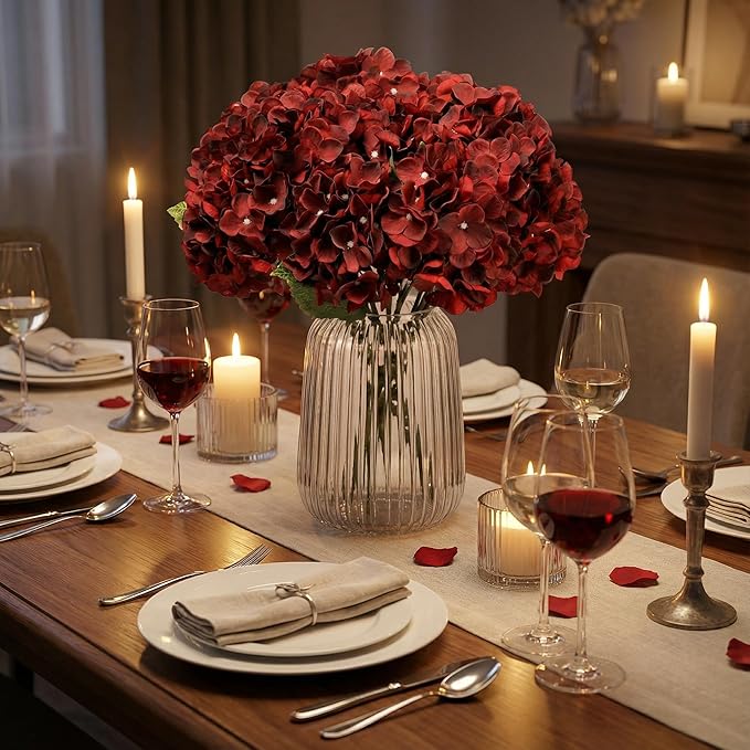 2Bouquets Artificial Fake Flowers Plants Silk Hydrangea Arrangements Wedding Bouquets Decorations Plastic Floral Home Kitchen Garden Party Festival Bar DIY (Dark Red,5 Flower Heads)