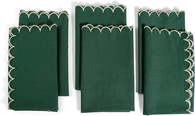 FINGERCRAFT Cloth Napkins, Everyday Use Scallop Design with Golden Zari, Premium Quality Natural Cotton Napkin Cloth Set of 6 Perfect for Parties Dinners Weddings Christmas 20x20 inch Eden Green