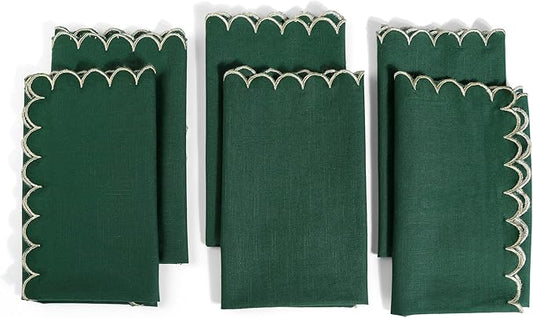 FINGERCRAFT Cloth Napkins, Everyday Use Scallop Design with Golden Zari, Premium Quality Natural Cotton Napkin Cloth Set of 6 Perfect for Parties Dinners Weddings Christmas 20x20 inch Eden Green