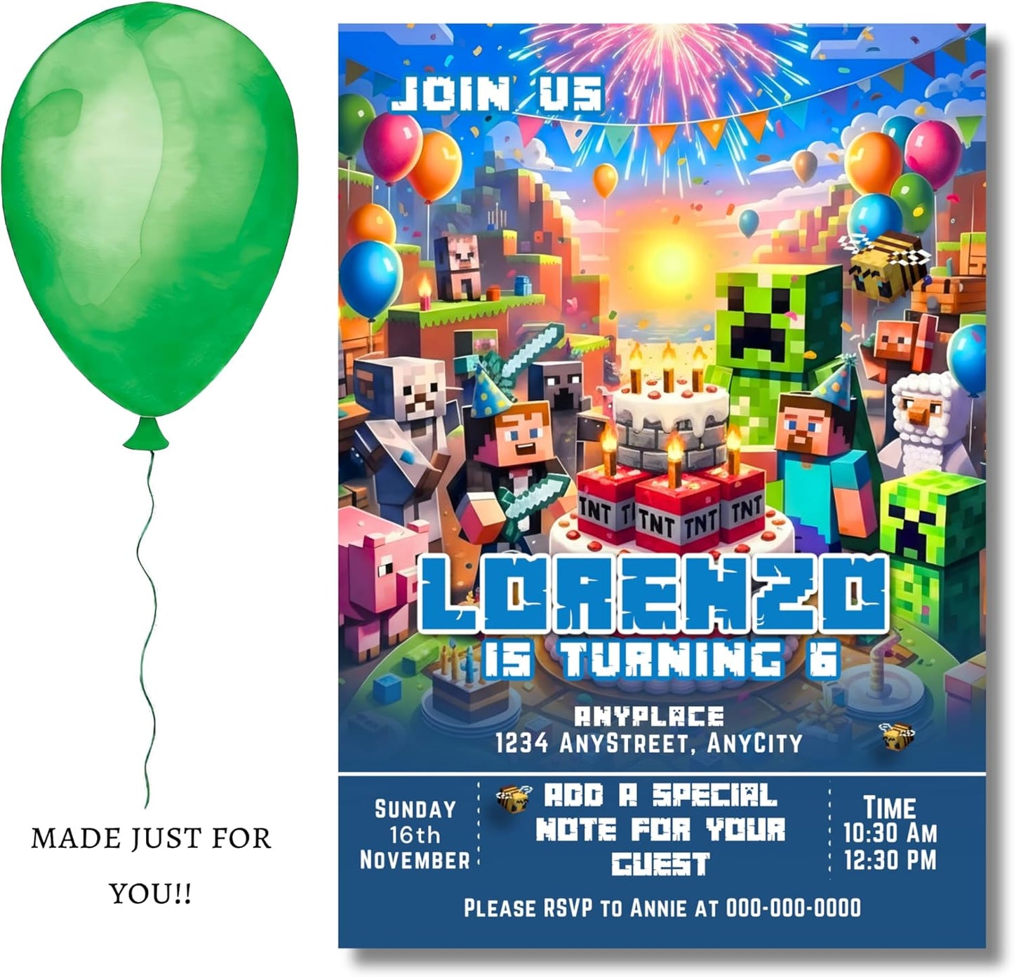 Fully Customizable minecraft Birthday Party Invitations, 4 x 6 inches, with Self-Sealing Envelopes, Gaming Theme Design, minecraft Birthday Invitations for Boys and Girls (Minecraft/Cake)