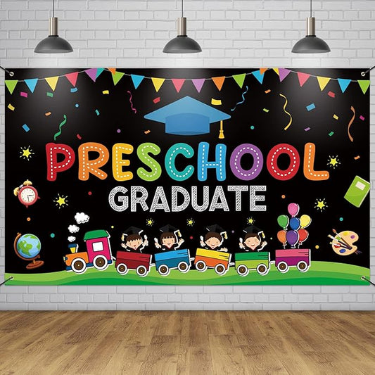 Large Preschool Graduation Party Banner Decorations 72x44 Inch, Kindergarten Graduate Banner Flag Photography Background for Kids Class of 2023 Ceremony Congratulations Grad School Prom Supplies