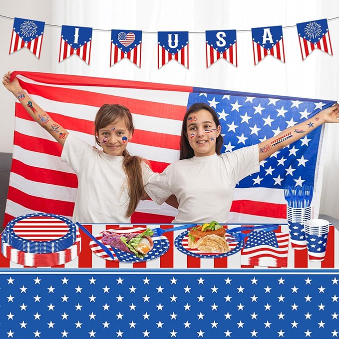 108PCS 4th of July Party Supplies American Flag Tableware Set Forth of July Patriotic Party Decorations Patriotic Paper Plates and Napkins Tablecloth Memorial Independence Day Dinnerware for 16 Guests