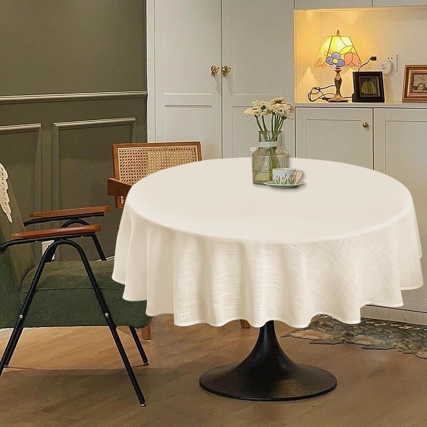 Linen Textured Round Tablecloth, Slubby Lightweight Table Cloth 60 Inch, Water Resistant Stain Resistant Farmhouse Burlap Table Cover for Kitchen Dining Room
